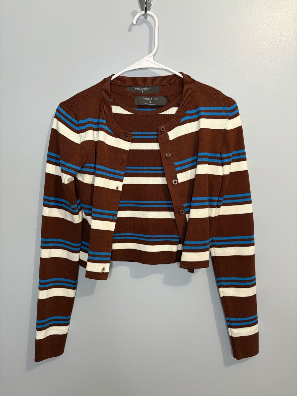 Primark Brown White Blue Striped Knit Cardigan Set Women’s Small Preppy Stretch